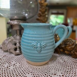 Blue Ceramic Pitcher with Bee Design